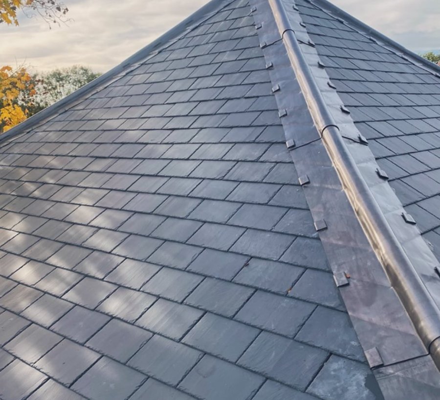 Slate roof and lead-clad dormers